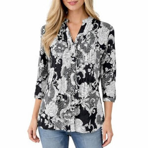 Charter Club Luxury 100% Linen Black Shirt V-Neck Pintuck Floral A-line Size M